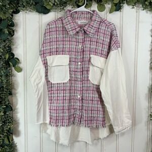 Graffiti White Denim Shacket‎ LARGE Tweed Plaid Oversized Fall Casual Preppy